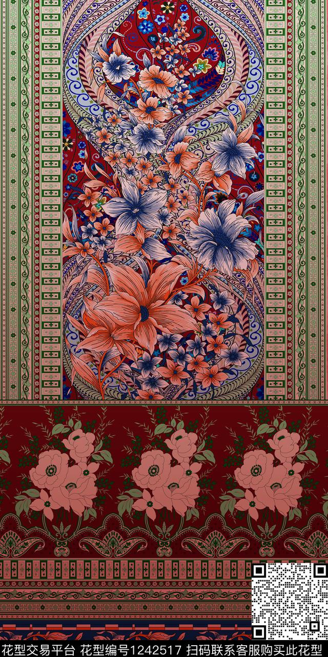 花卉手绘民族风数码印花华亿平台下载（图片编号: 1242517） - 瓦栏（Walan）