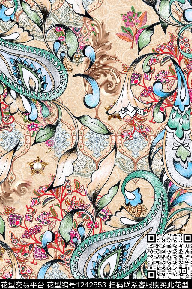 民族花卉真丝复古数码印花华亿平台下载（图片编号: 1242553） - 瓦栏（Walan）