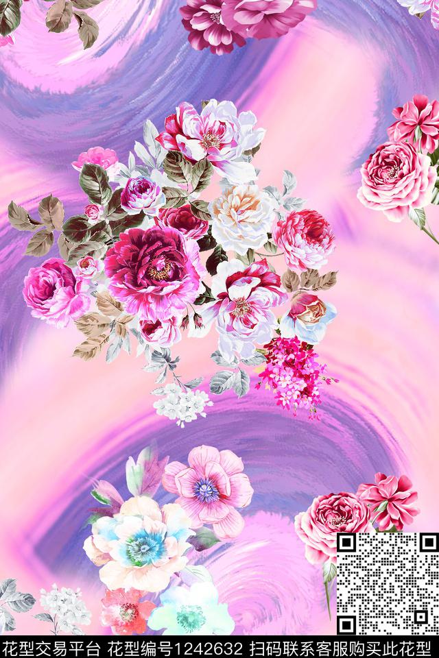 潮牌大花水彩花卉数码印花华亿平台下载（图片编号: 1242632） - 瓦栏（Walan）