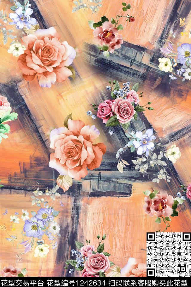 潮牌水彩花卉大牌风数码印花华亿平台下载（图片编号: 1242634） - 瓦栏（Walan）