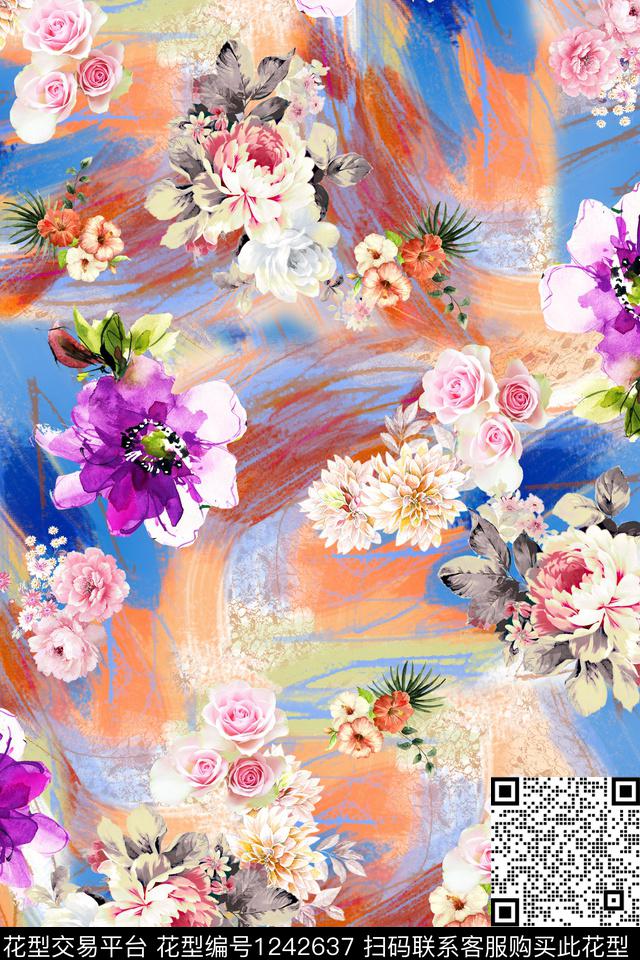 潮牌水彩花卉大牌风数码印花华亿平台下载（图片编号: 1242637） - 瓦栏（Walan）