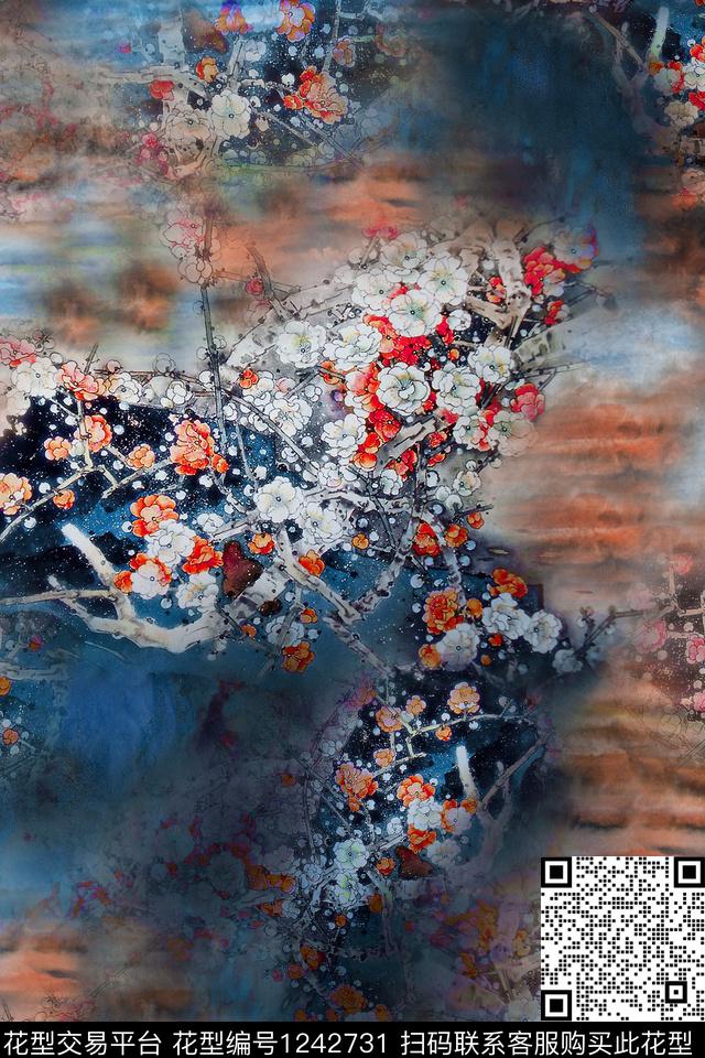 香云纱梅花中国风数码印花华亿平台下载（图片编号: 1242731） - 瓦栏（Walan）