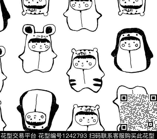 黑白线稿可爱动物萌传统印花华亿平台下载（图片编号: 1242793） - 瓦栏（Walan）