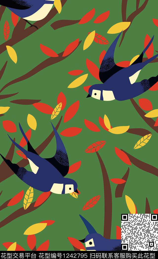 喜鹊春夏华亿平台绿植树叶传统印花华亿平台下载（图片编号: 1242795） - 瓦栏（Walan）