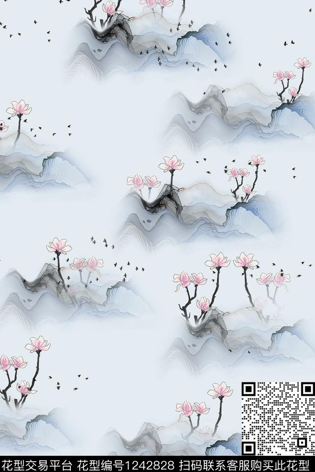 抽象旗袍水墨风数码印花华亿平台下载（图片编号: 1242828） - 瓦栏（Walan）