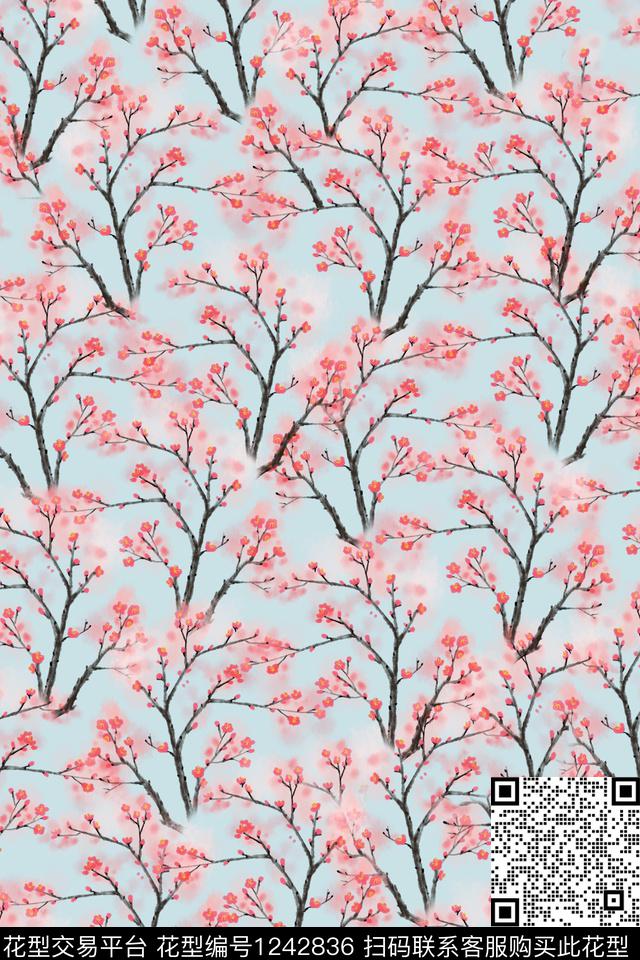 手绘花卉抽象梅花数码印花华亿平台下载（图片编号: 1242836） - 瓦栏（Walan）