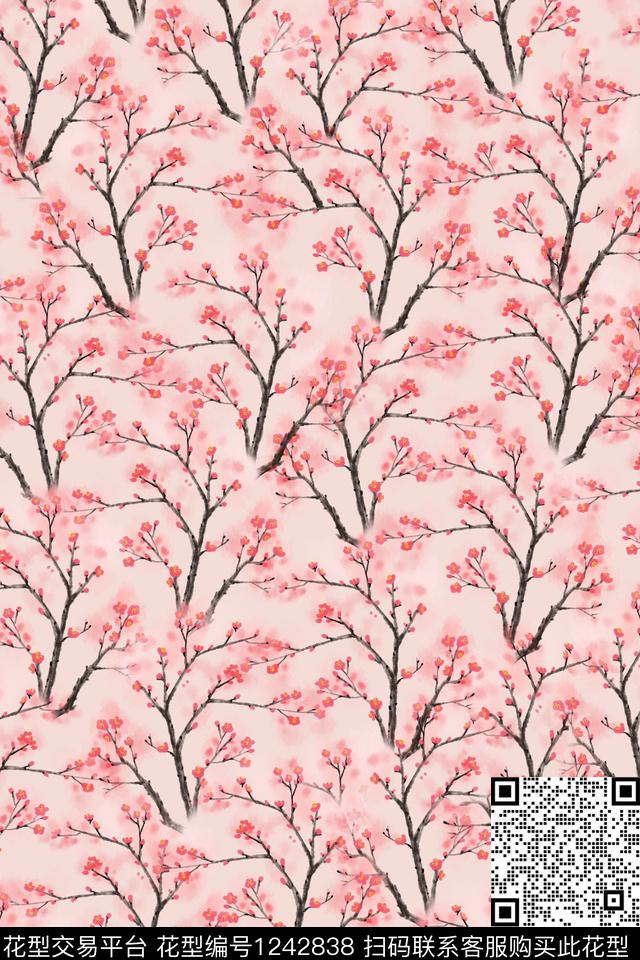 手绘花卉抽象梅花数码印花华亿平台下载（图片编号: 1242838） - 瓦栏（Walan）