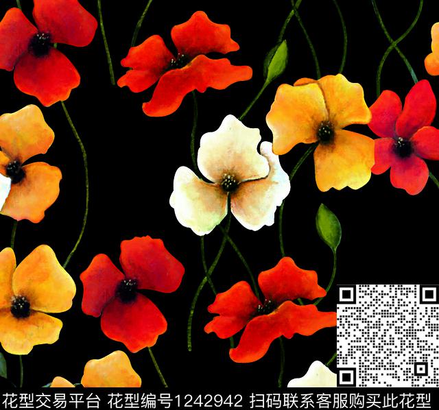 花卉手绘大花罂粟花数码印花华亿平台下载（图片编号: 1242942） - 瓦栏（Walan）