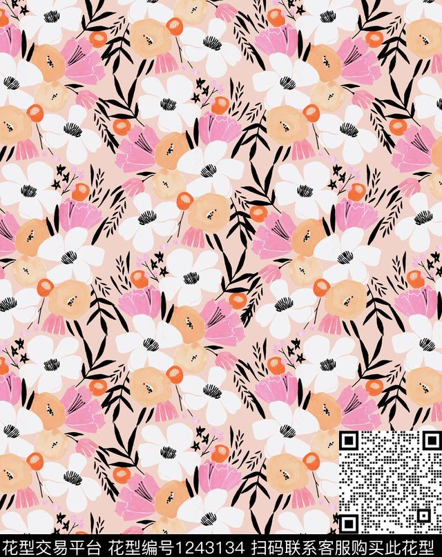 手绘大花小碎花蜜蜂数码印花华亿平台下载（图片编号: 1243134） - 瓦栏（Walan）