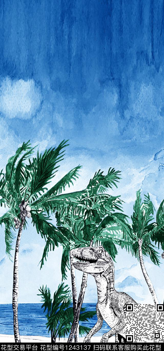 恐龙大牌风椰子树数码印花华亿平台下载（图片编号: 1243137） - 瓦栏（Walan）