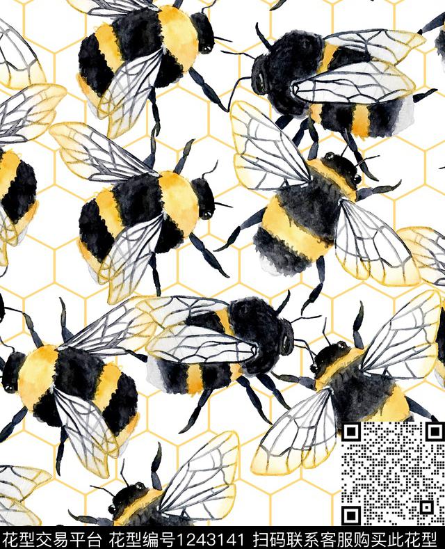 手绘大花小碎花蜜蜂数码印花华亿平台下载（图片编号: 1243141） - 瓦栏（Walan）