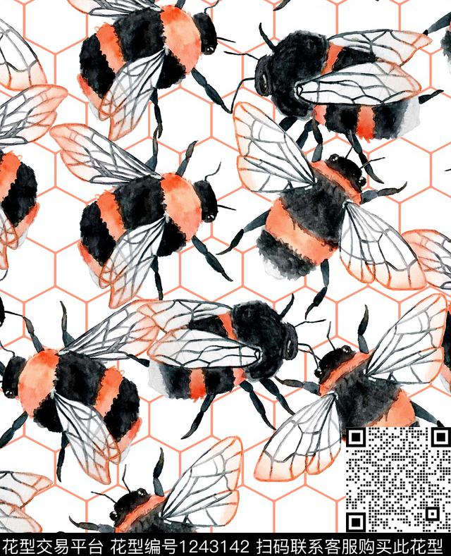 手绘大花小碎花蜜蜂数码印花华亿平台下载（图片编号: 1243142） - 瓦栏（Walan）
