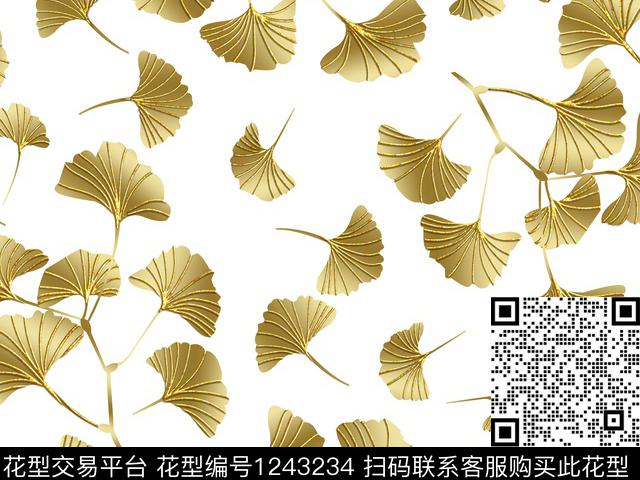 银杏花卉金属质感散点排列数码印花华亿平台下载（图片编号: 1243234） - 瓦栏（Walan）