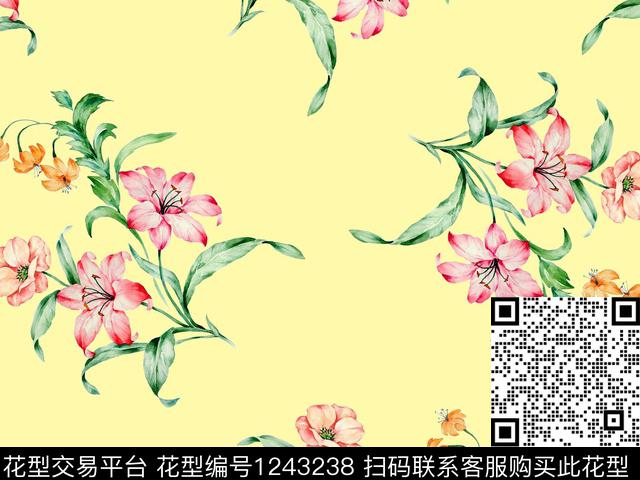 水彩花卉清爽底花卉散点排列数码印花华亿平台下载（图片编号: 1243238） - 瓦栏（Walan）