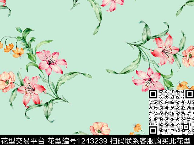 水彩花卉清爽底花卉散点排列数码印花华亿平台下载（图片编号: 1243239） - 瓦栏（Walan）