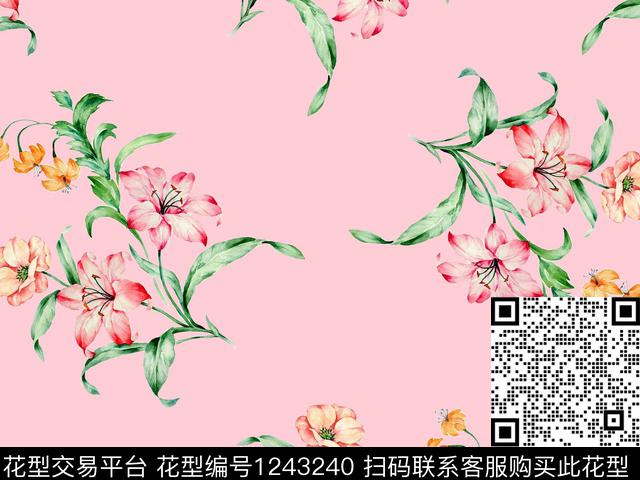 水彩花卉清爽底花卉散点排列数码印花华亿平台下载（图片编号: 1243240） - 瓦栏（Walan）