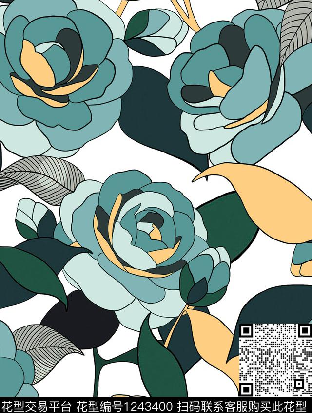 大牌风绿植树叶玫瑰花传统印花华亿平台下载（图片编号: 1243400） - 瓦栏（Walan）