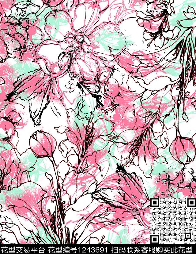 大牌风花卉水彩花卉数码印花华亿平台下载（图片编号: 1243691） - 瓦栏（Walan）