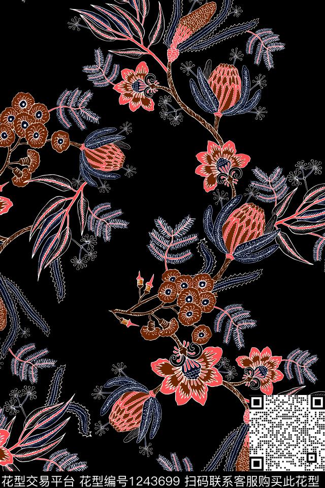 大牌风数码华亿平台黑底花卉数码印花华亿平台下载（图片编号: 1243699） - 瓦栏（Walan）