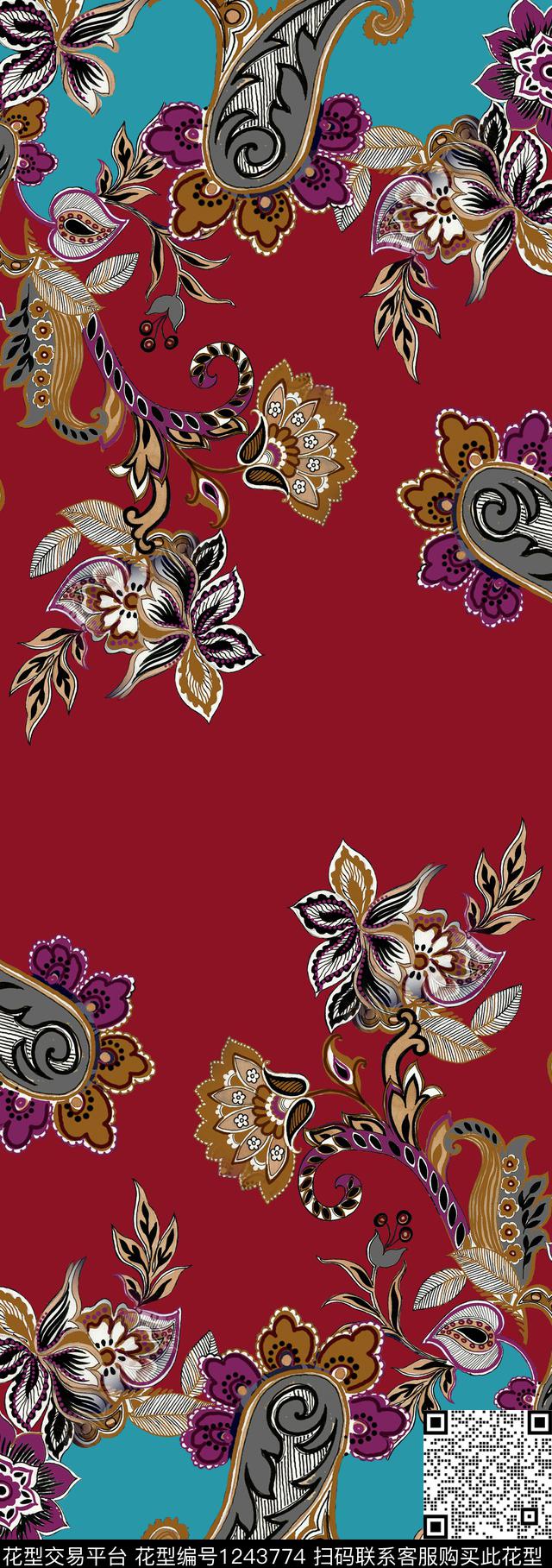 佩斯利民族风定位花数码印花华亿平台下载（图片编号: 1243774） - 瓦栏（Walan）