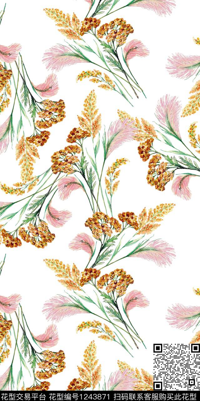 清爽底花卉小碎花绿植树叶数码印花华亿平台下载（图片编号: 1243871） - 瓦栏（Walan）