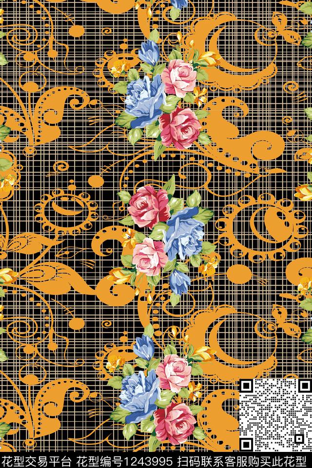 植物花卉线条数码印花华亿平台下载（图片编号: 1243995） - 瓦栏（Walan）