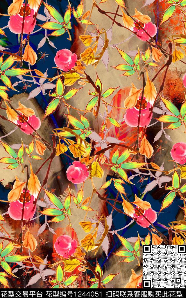 花卉香云纱中老年数码印花华亿平台下载（图片编号: 1244051） - 瓦栏（Walan）