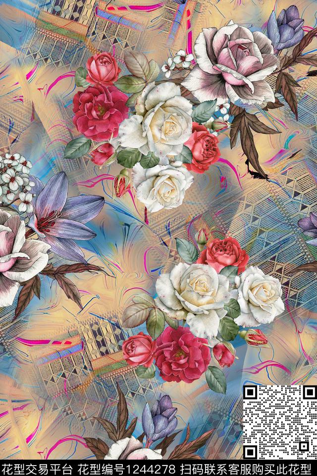 玫瑰花手绘花卉抽象底纹数码印花华亿平台下载（图片编号: 1244278） - 瓦栏（Walan）