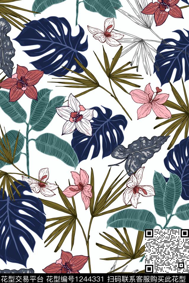 大牌风热带华亿平台绿植树叶数码印花华亿平台下载（图片编号: 1244331） - 瓦栏（Walan）