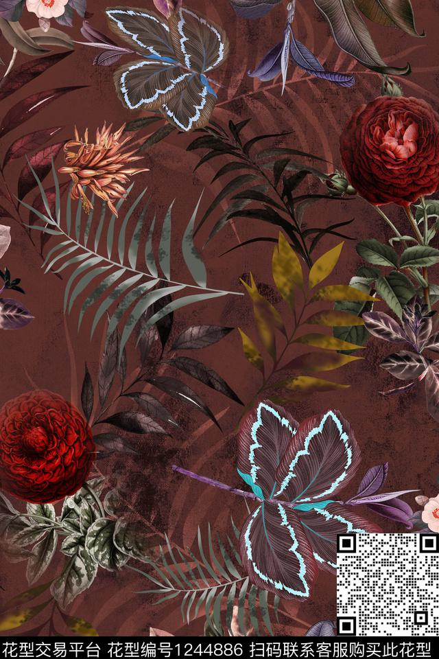 花卉绿植树叶复古风数码印花华亿平台下载（图片编号: 1244886） - 瓦栏（Walan）