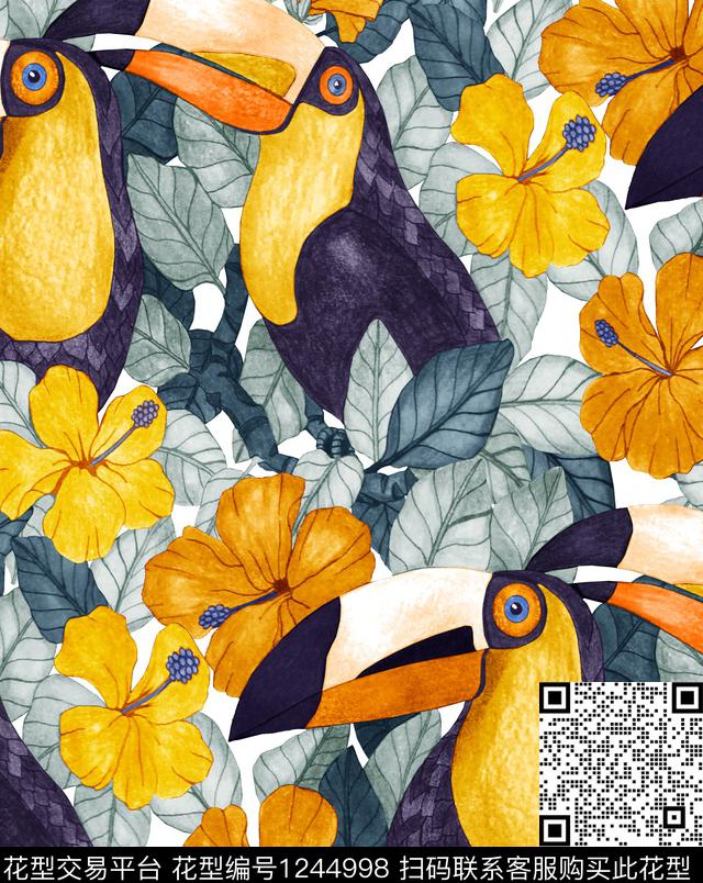 大嘴鸟栀子花热带华亿平台数码印花华亿平台下载（图片编号: 1244998） - 瓦栏（Walan）