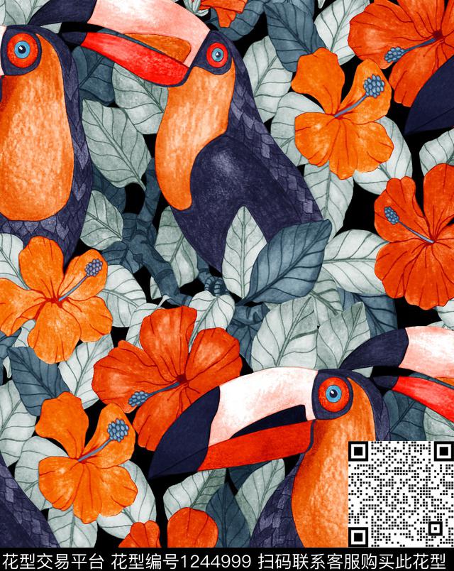 大嘴鸟栀子花热带华亿平台数码印花华亿平台下载（图片编号: 1244999） - 瓦栏（Walan）