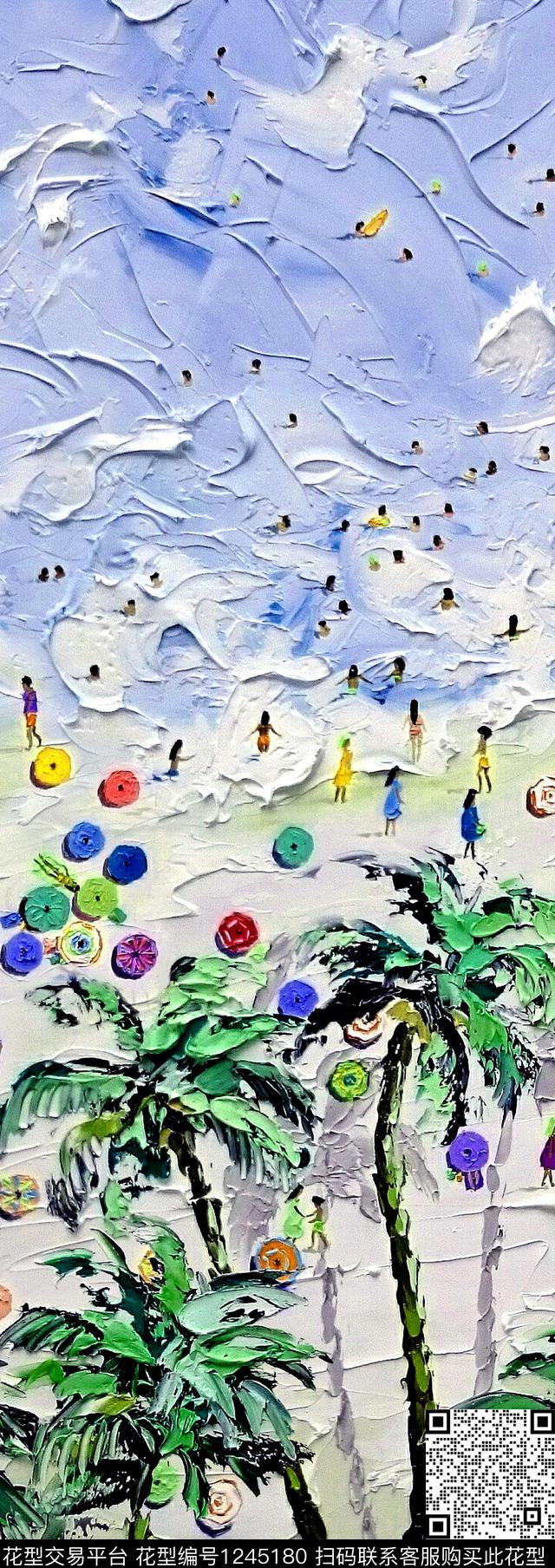 椰子树沙滩油画华亿平台数码印花华亿平台下载（图片编号: 1245180） - 瓦栏（Walan）