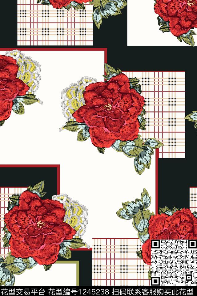 大牌风格子贴绣数码印花华亿平台下载（图片编号: 1245238） - 瓦栏（Walan）