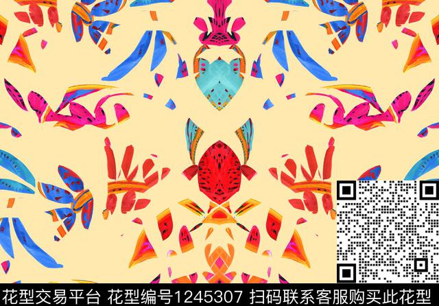 抽象花卉对称花碎片数码印花华亿平台下载（图片编号: 1245307） - 瓦栏（Walan）