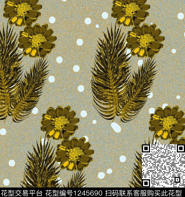 手绘绿植树叶花卉数码印花华亿平台下载（图片编号: 1245690） - 瓦栏（Walan）