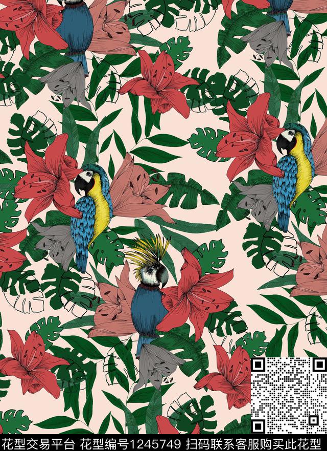 百合鹦鹉bird数码印花华亿平台下载（图片编号: 1245749） - 瓦栏（Walan）