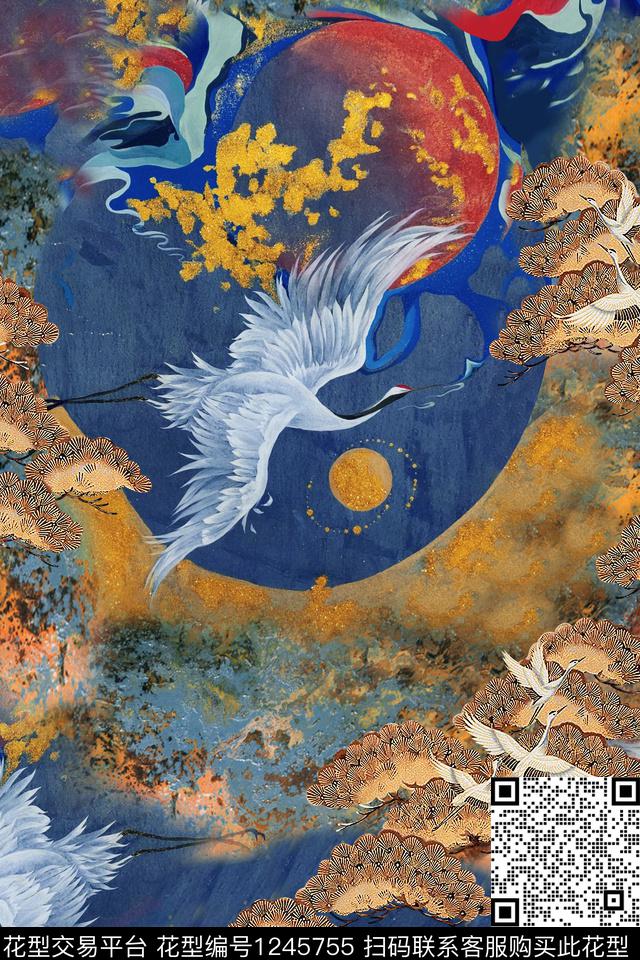 仙鹤大牌风中国风华亿平台数码印花华亿平台下载（图片编号: 1245755） - 瓦栏（Walan）