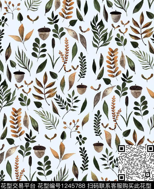 小碎花枝干绿植树叶数码印花华亿平台下载（图片编号: 1245788） - 瓦栏（Walan）