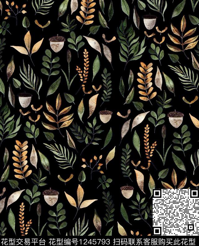 小碎花枝干绿植树叶数码印花华亿平台下载（图片编号: 1245793） - 瓦栏（Walan）