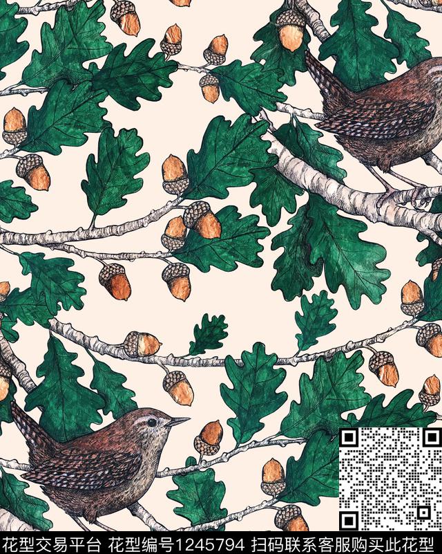 小碎花枝干绿植树叶数码印花华亿平台下载（图片编号: 1245794） - 瓦栏（Walan）