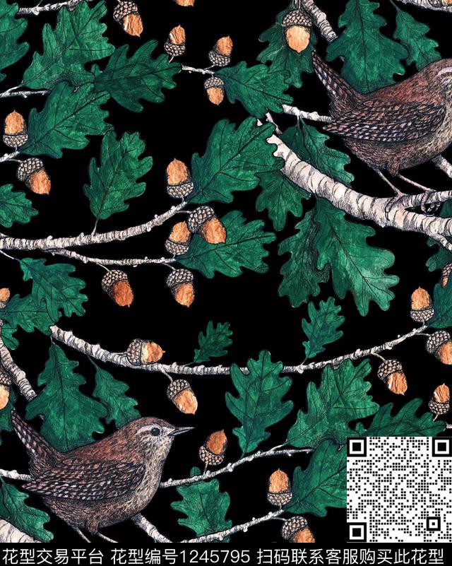 小碎花枝干绿植树叶数码印花华亿平台下载（图片编号: 1245795） - 瓦栏（Walan）