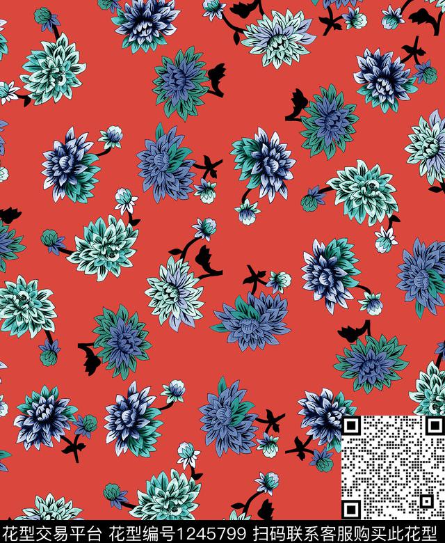 小碎花枝干绿植树叶数码印花华亿平台下载（图片编号: 1245799） - 瓦栏（Walan）