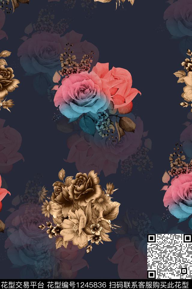 复古花卉数码印花华亿平台下载（图片编号: 1245836） - 瓦栏（Walan）