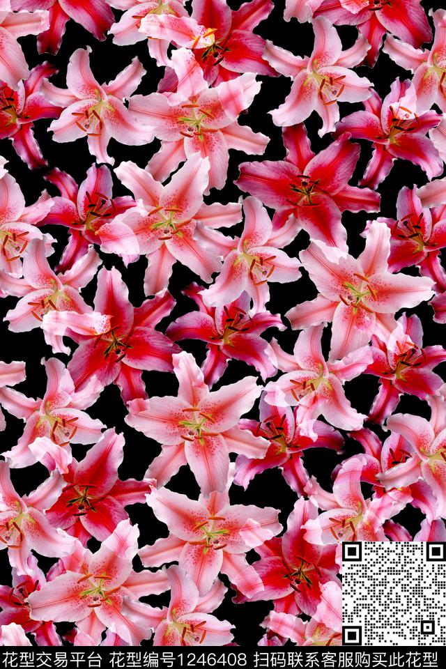 花卉黑底花卉百合数码印花华亿平台下载（图片编号: 1246408） - 瓦栏（Walan）