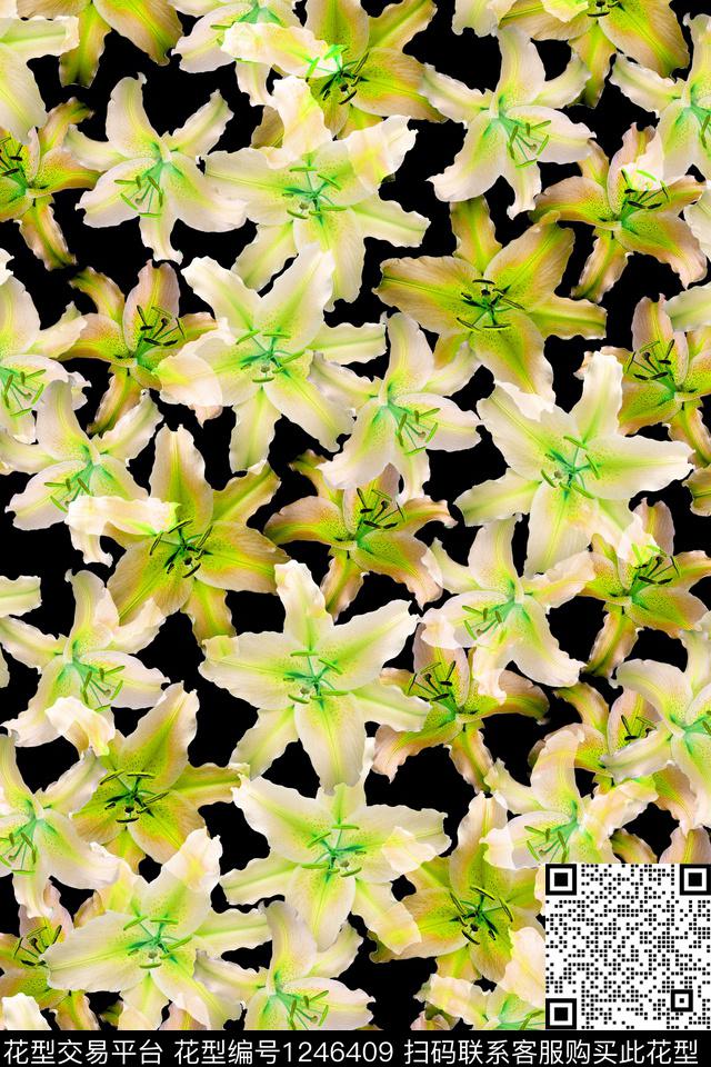 花卉黑底花卉百合数码印花华亿平台下载（图片编号: 1246409） - 瓦栏（Walan）