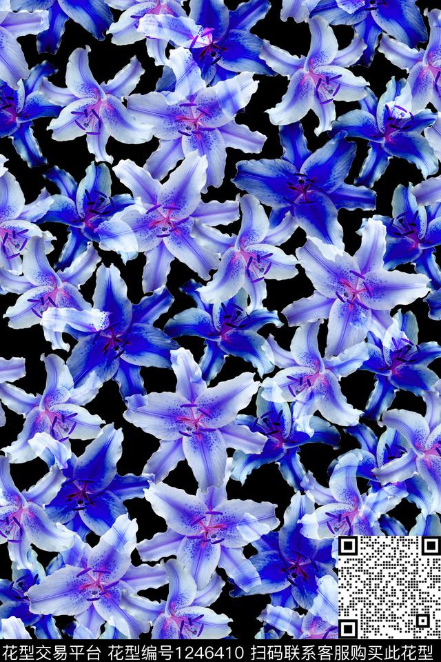 花卉黑底花卉百合数码印花华亿平台下载（图片编号: 1246410） - 瓦栏（Walan）