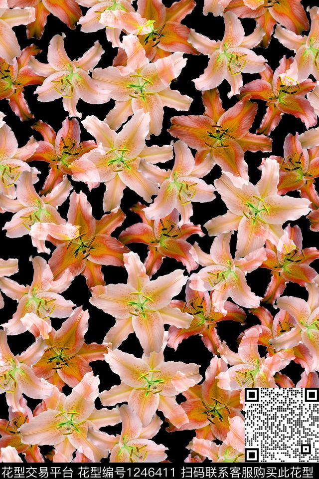 花卉黑底花卉百合数码印花华亿平台下载（图片编号: 1246411） - 瓦栏（Walan）