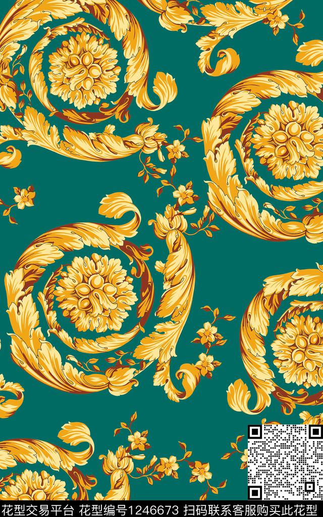 绿金绿金金色卷草时尚休闲数码印花华亿平台下载（图片编号: 1246673） - 瓦栏（Walan）
