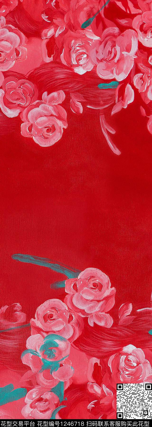 玫瑰花中国红油画华亿平台数码印花华亿平台下载（图片编号: 1246718） - 瓦栏（Walan）